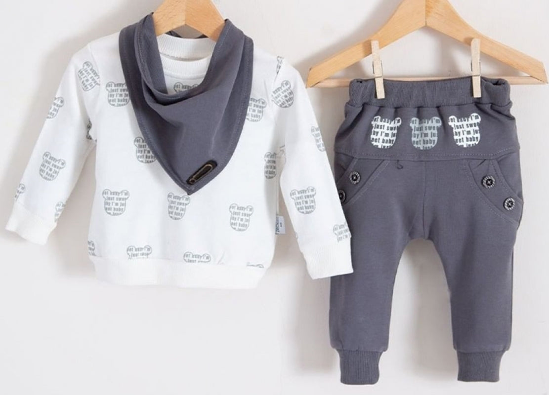 Bear 3-Piece Baby Set: White Top, Scarf Trousers