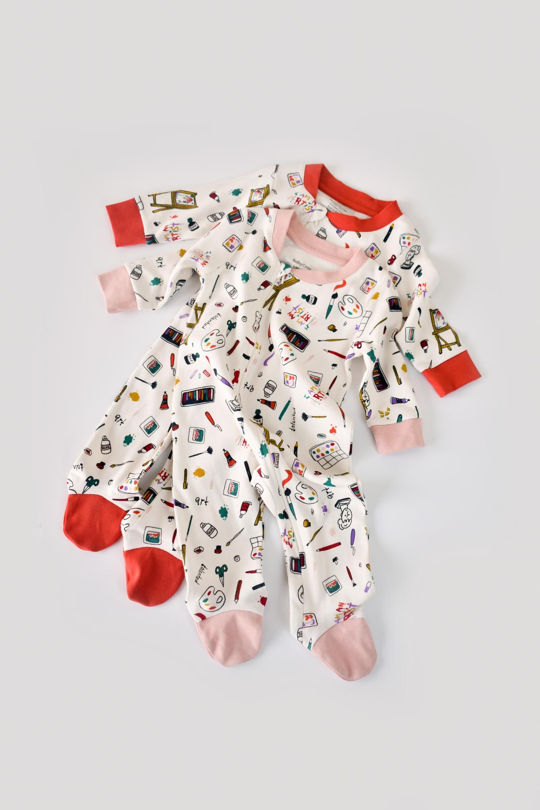 100% Organic Cotton: Zippered Footed Rompers with Artsy Print 2-Piece