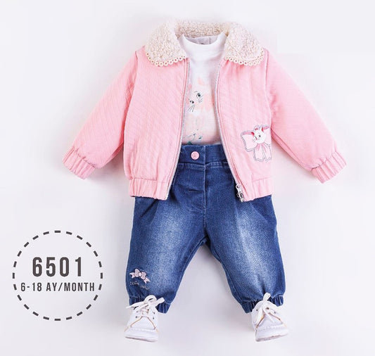 Pink Jacket, White Top, and Denim Pants 3-Piece Set